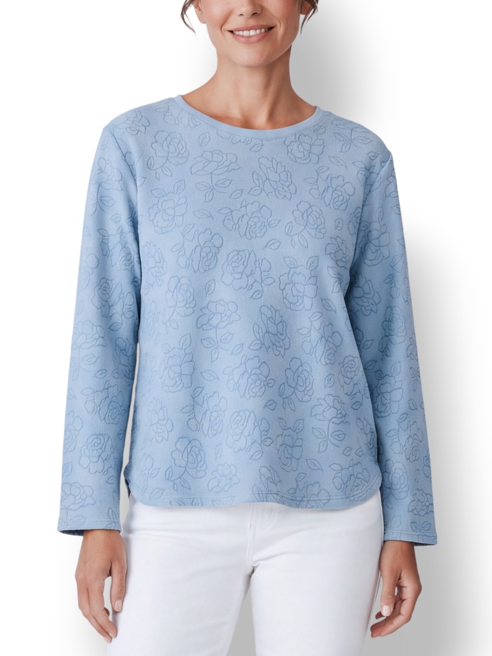 Vintage Oscar de la Renta Blue Floral Embossed Fleece Pullover Top Large